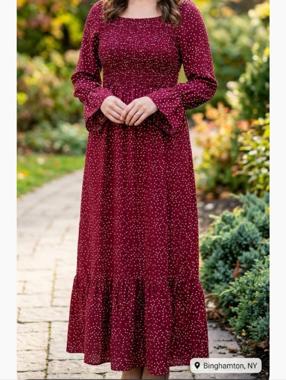 Long Sleeve Burgundy Dot Midi Dress